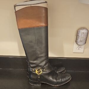 Michael Kors Black and Brown Riding Boots with Gold Accent